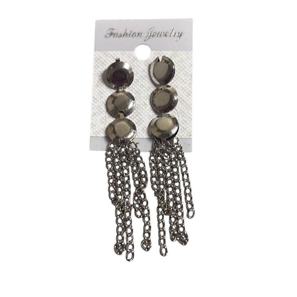 Silver Tone Geometric Deco Chain Tassel Dangle Fringe Fashion‎ Earrings Boho